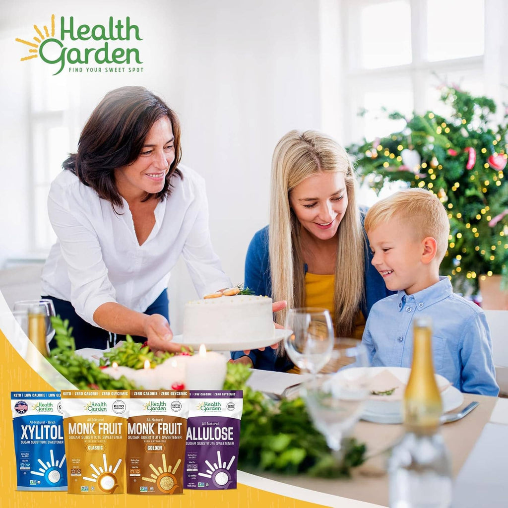 Family at table with sweetener bags in front, including Monk Fruit Classic