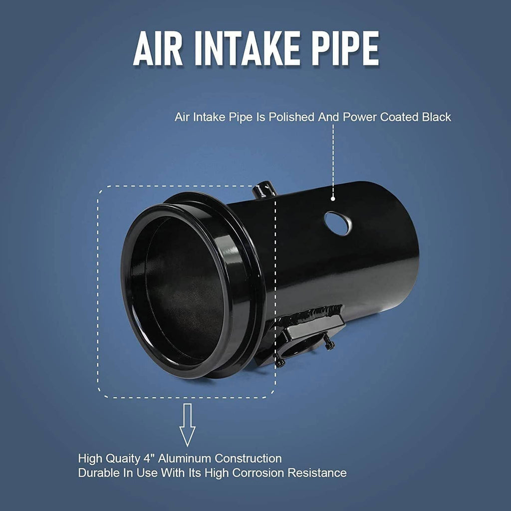 Black air intake pipe with mounting tab and illustrated airflow direction area
