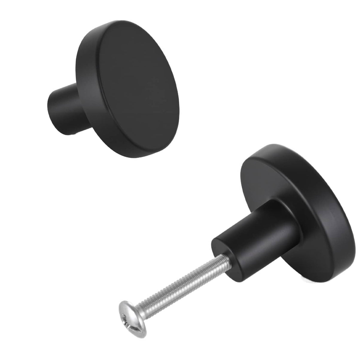 Black mushroom cabinet knob with short threaded mounting bolt, zinc alloy hardware.