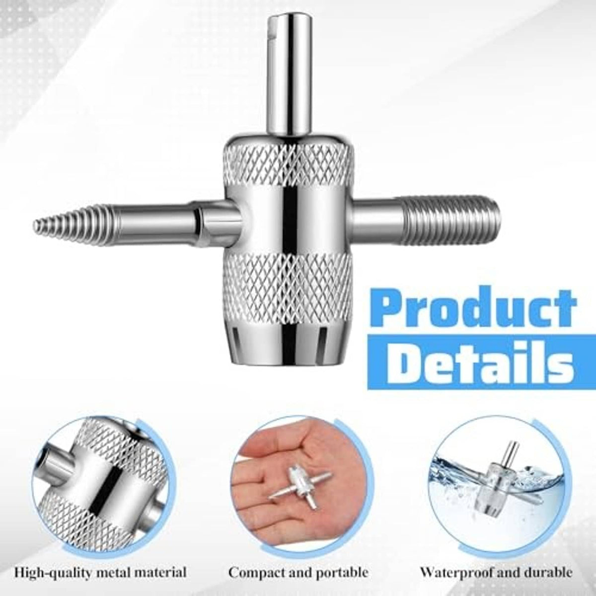 4-way tire valve core tool, chrome metal with knurled texture and threaded valve ends