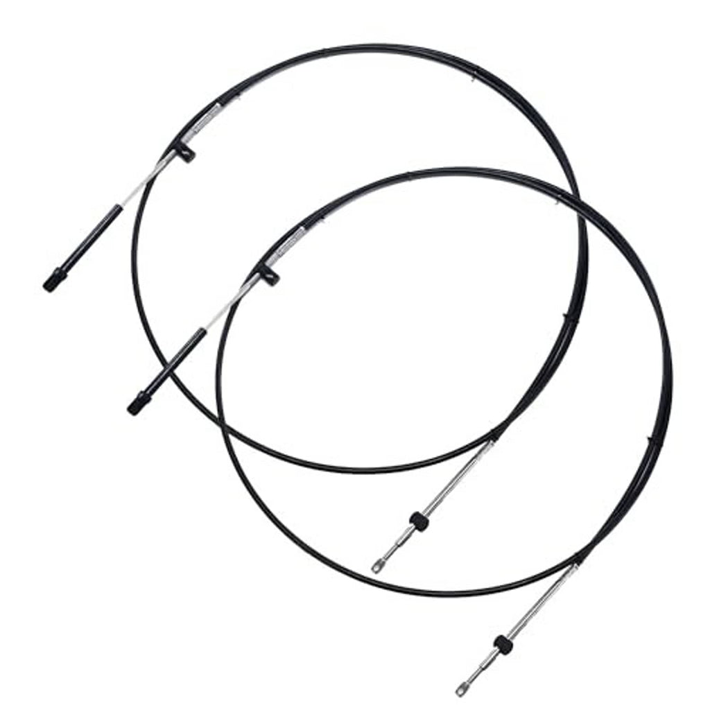 Set of two boat control cables with black sheaths and clevis-style metal end connectors