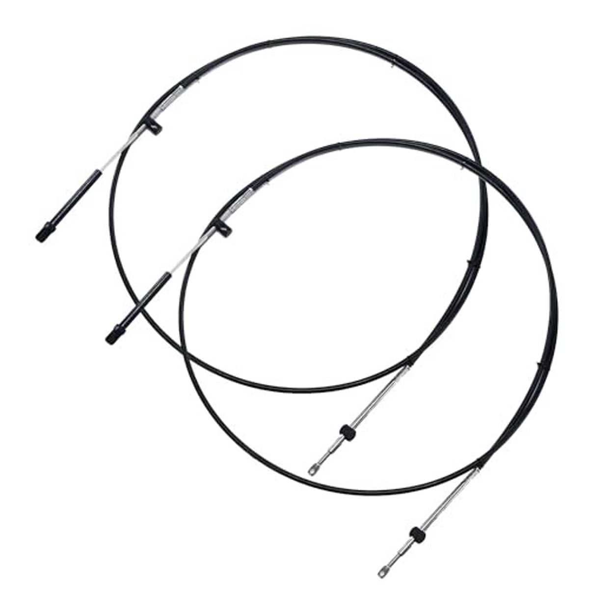 Set of two boat control cables with black sheaths and clevis-style metal end connectors