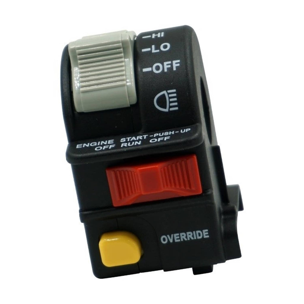 Left handlebar engine switch with grey HI/LO knob, red rocker, yellow override button on black base
