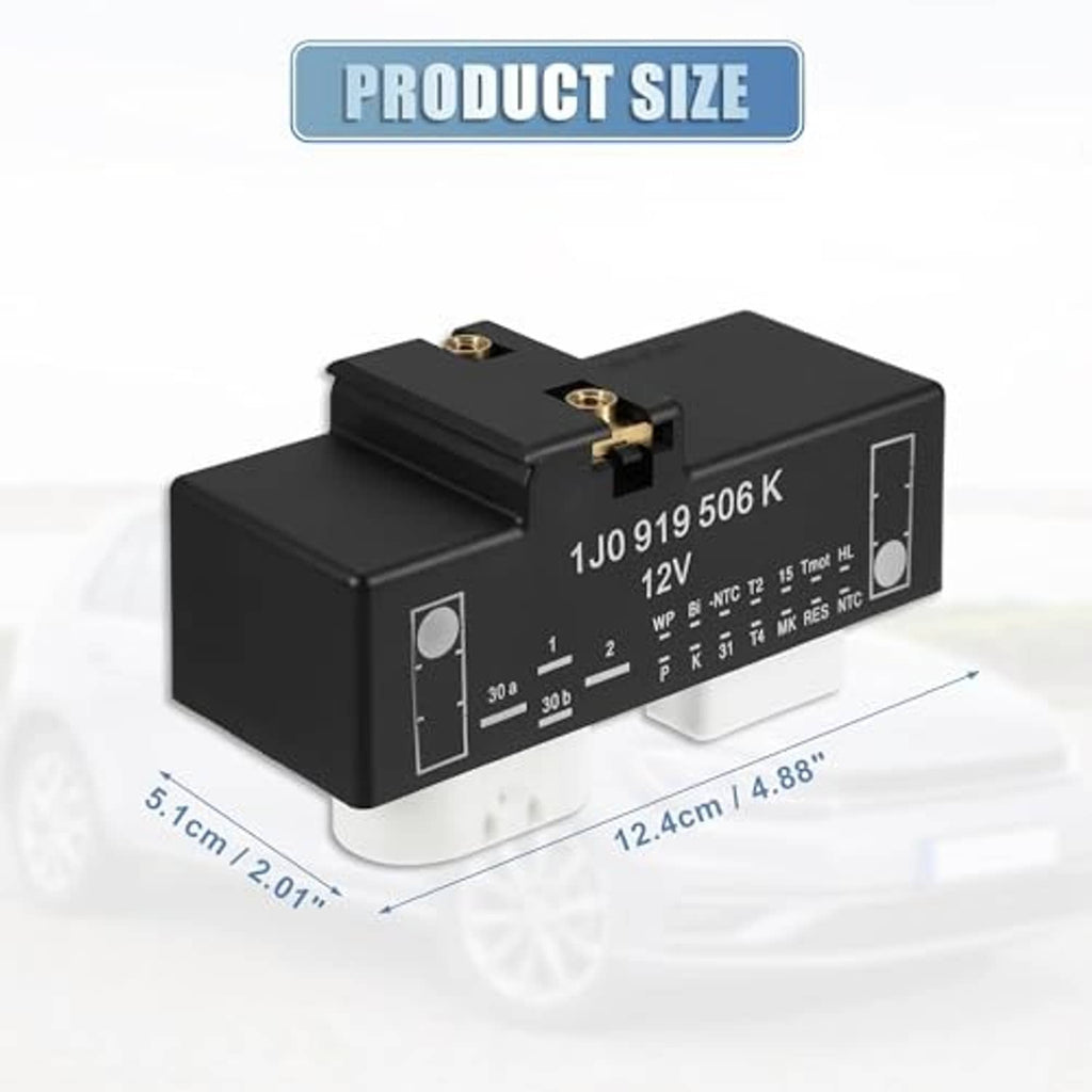Black fan control relay module with dimensions, OE label, and two top terminals