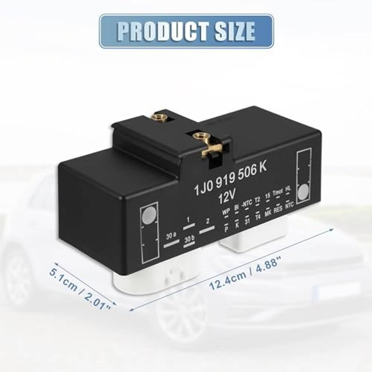 Black fan control relay module with dimensions, OE label, and two top terminals