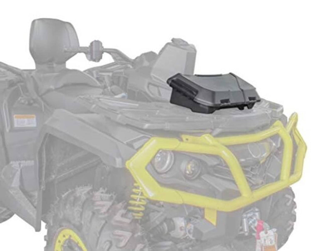 ATV cargo box mounted on rack, showing gray box and front opening