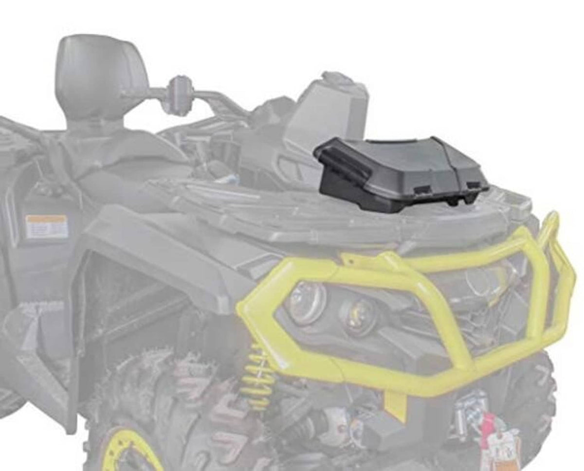ATV cargo box mounted on rack, showing gray box and front opening