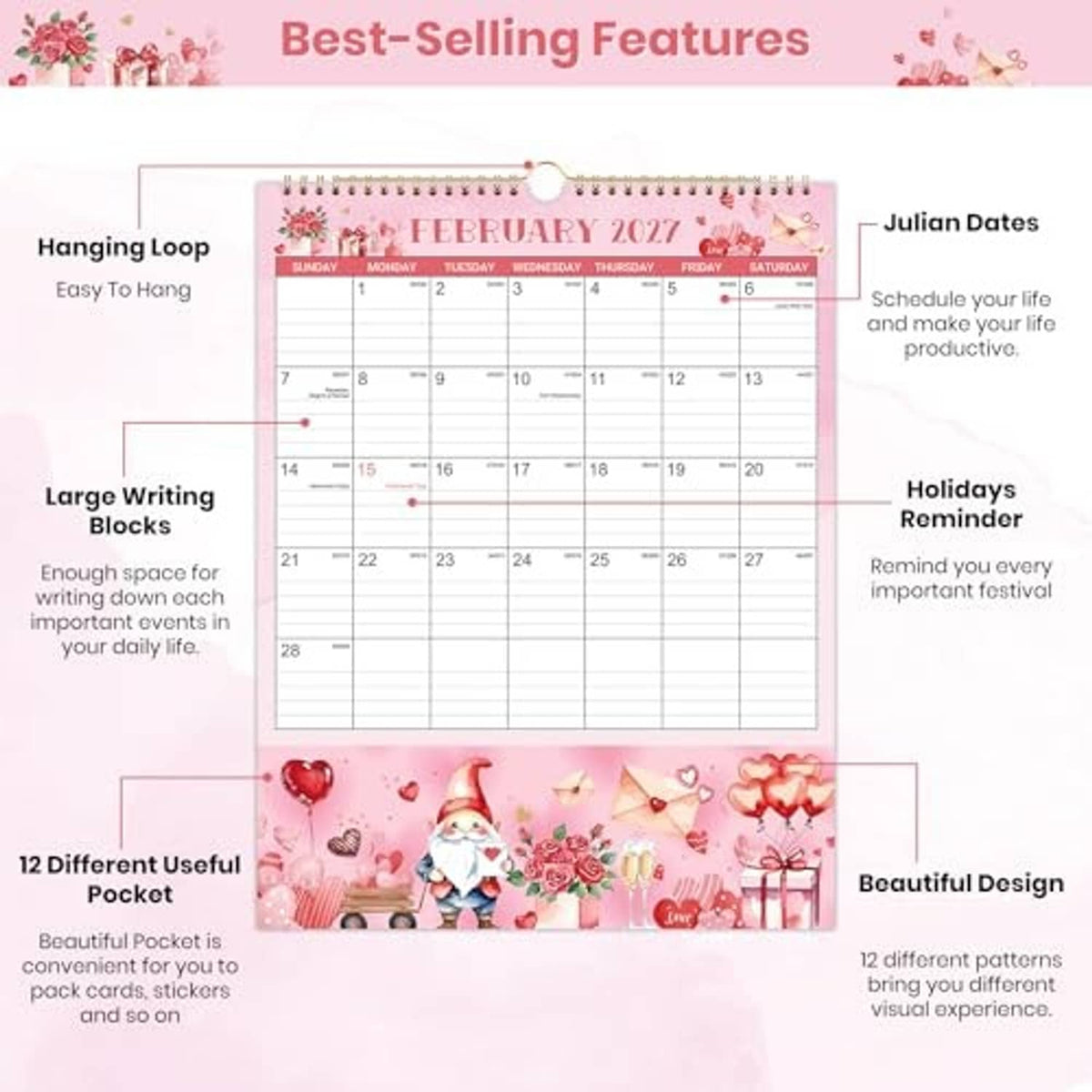 Pocket calendar for February 2027 with spiral binding and pink floral design
