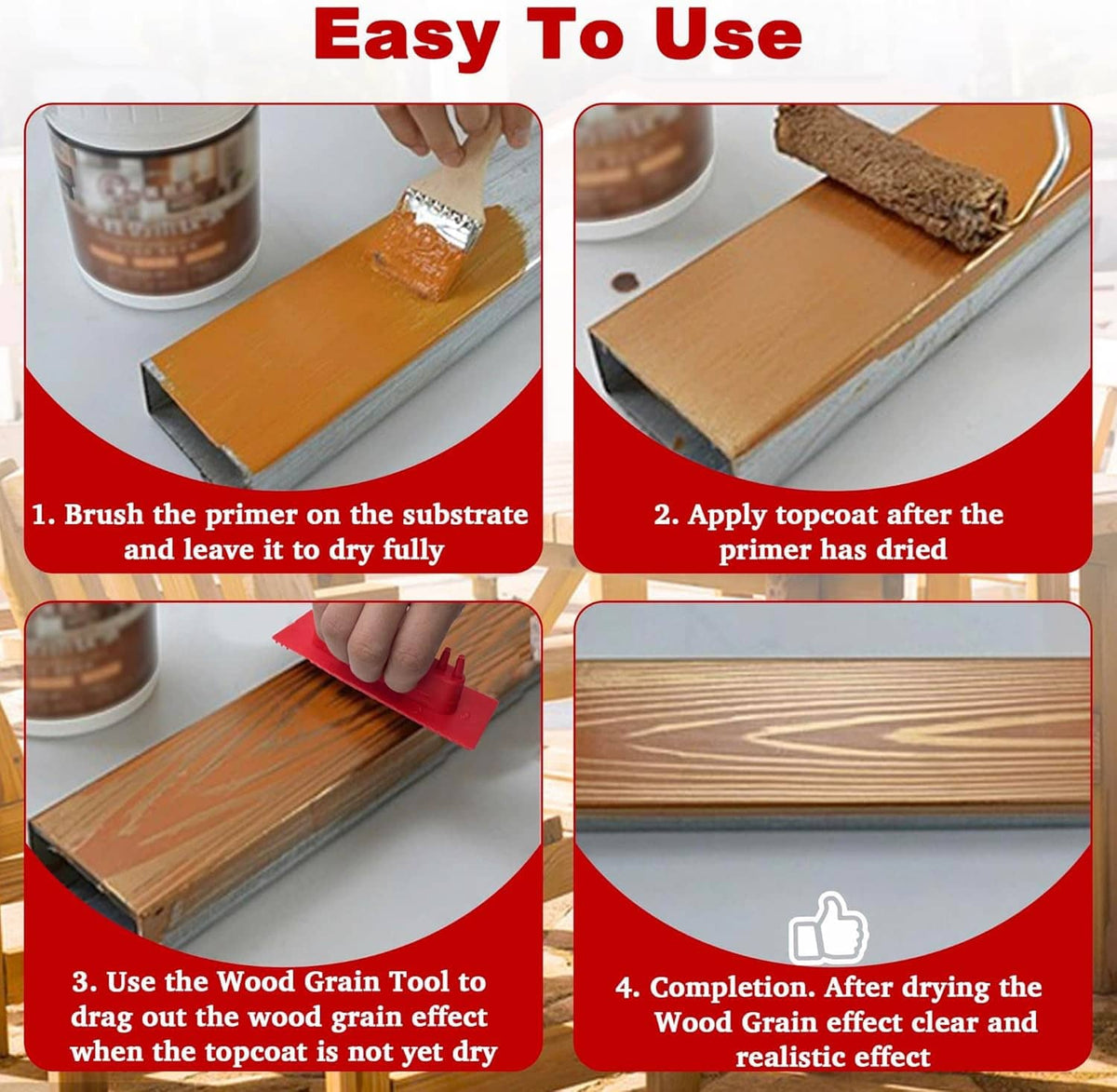 Red wood grain tool applying a striped faux wood finish on a wooden panel