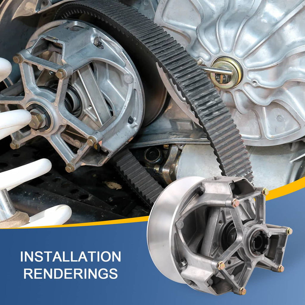 Primary drive clutch installation view showing sheave, belt drive, and housing