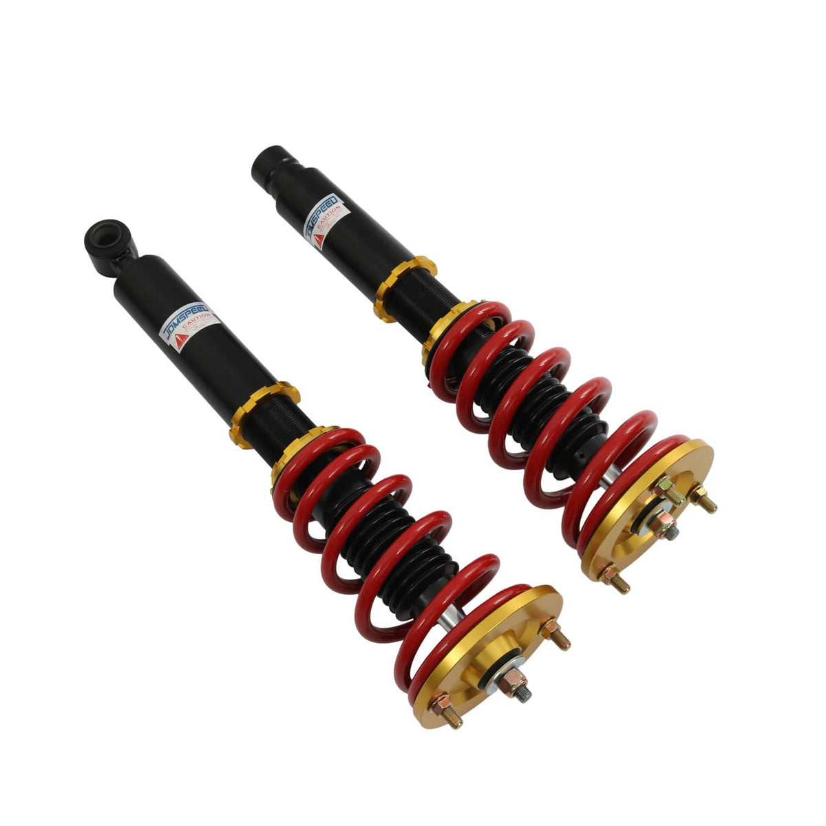Pair of coilover shock absorbers with red coil springs, black bodies, and gold mounting hardware
