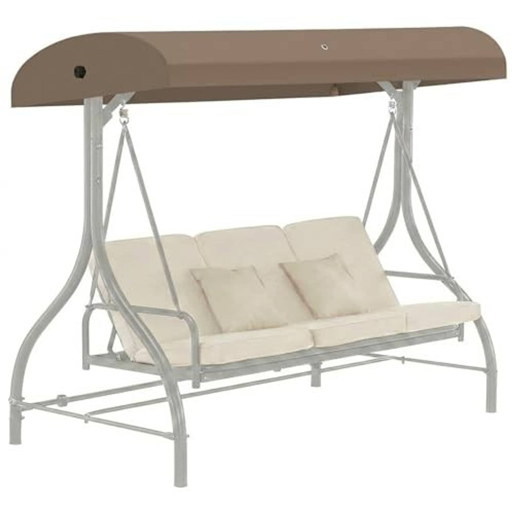 Beige outdoor porch swing canopy top with curved valance and supported hanging system