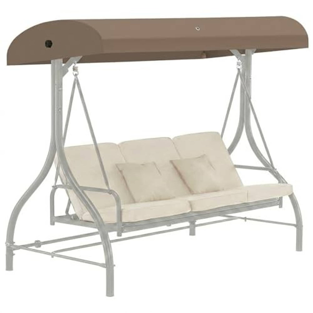 Beige outdoor porch swing canopy top with curved valance and supported hanging system
