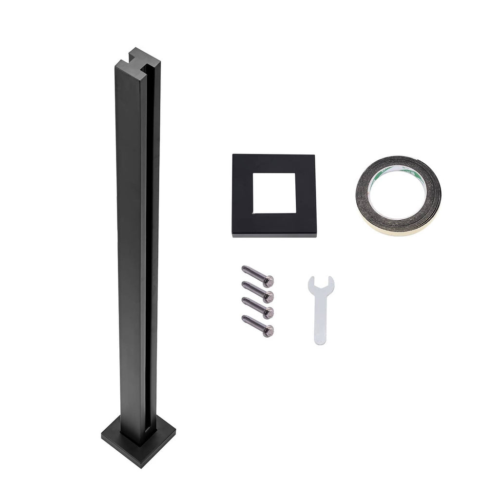 Black glass railing post clamp bracket with square base and mounting slot