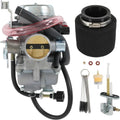 Carburetor replacement kit with air filter and fuel parts; silver carb body, black hoses