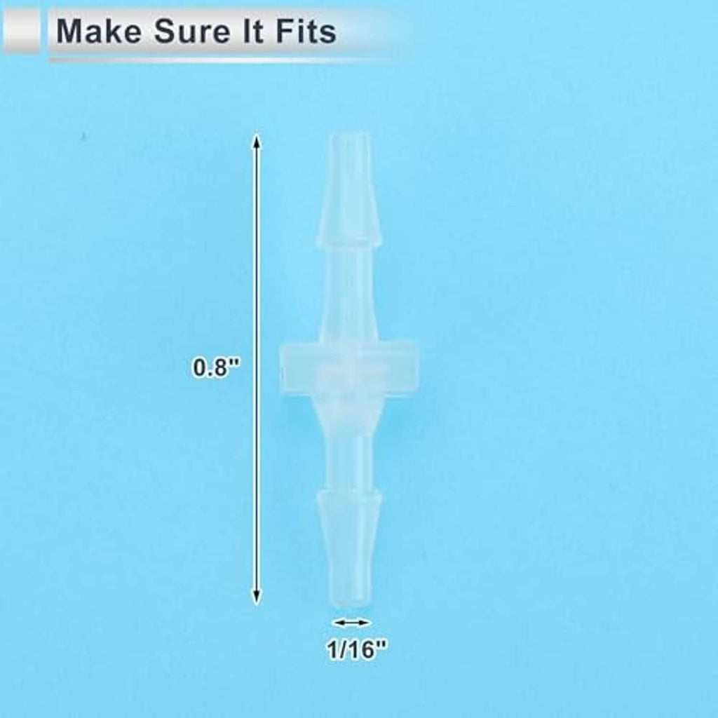 Clear straight hose barb connector with size marking 1/16 in