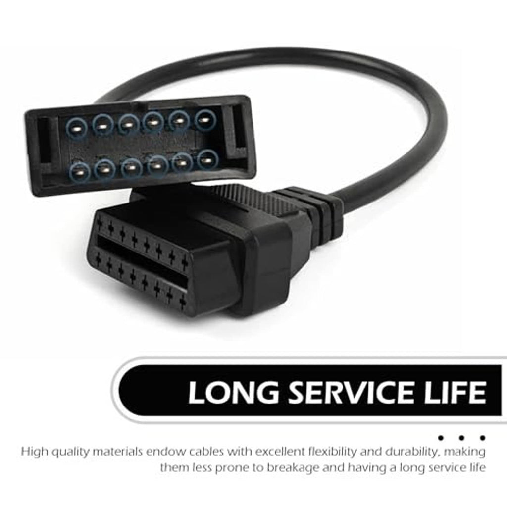 OBD adapter cable with blue-lined pin terminals, black 12-pin to 16-pin plugs