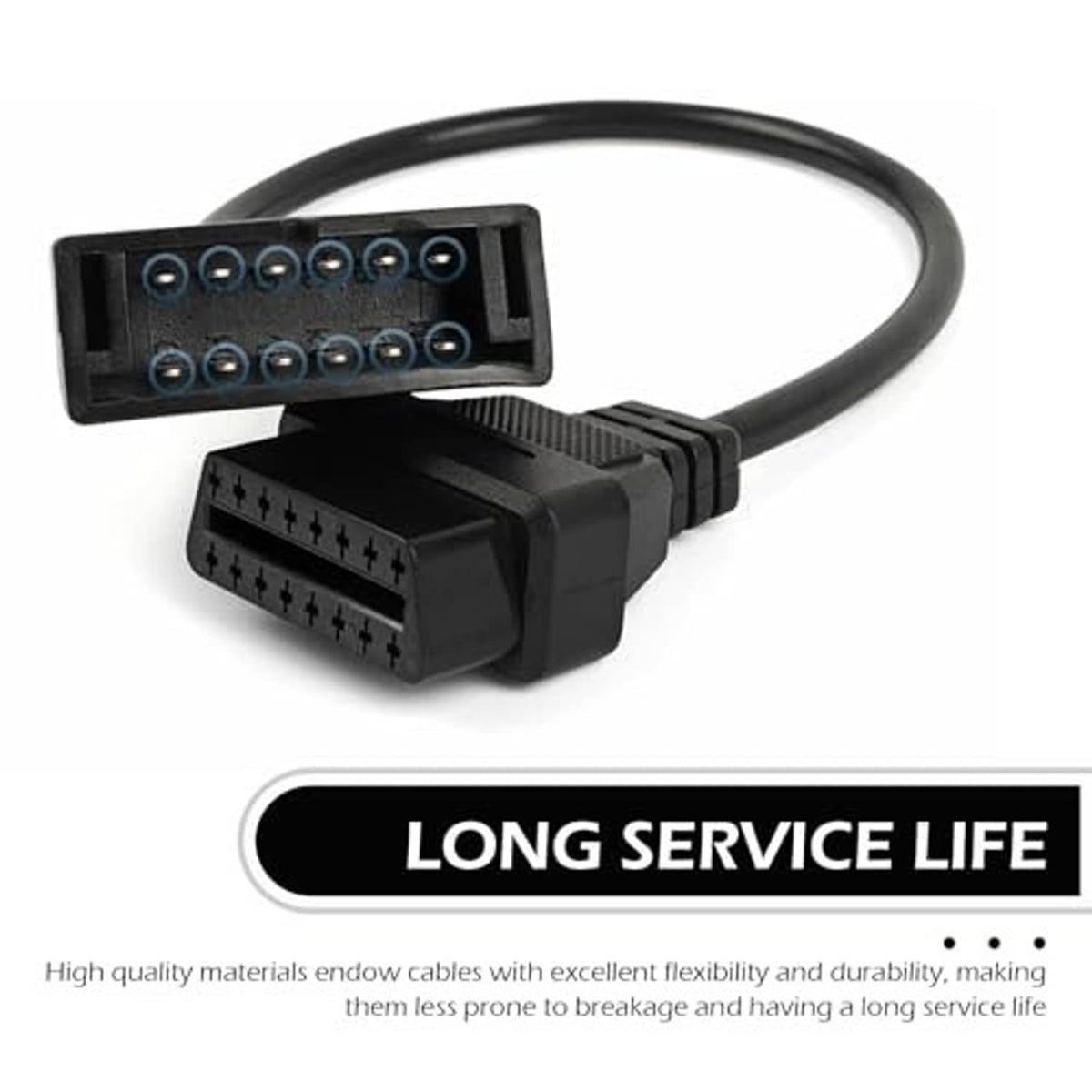 OBD adapter cable with blue-lined pin terminals, black 12-pin to 16-pin plugs