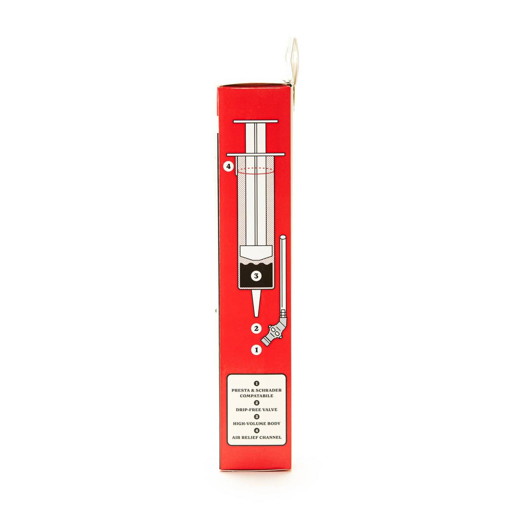 Stan's tubeless sealant injector box side with measurement diagram and red layout