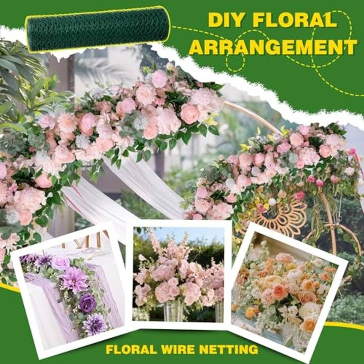 Green chicken wire netting used to support a floral display with pink flowers and greenery