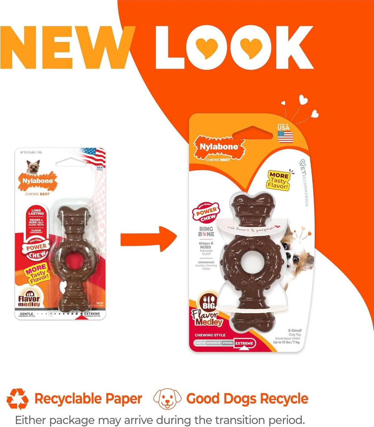 Dark brown chew ring toy shown on orange retail package front