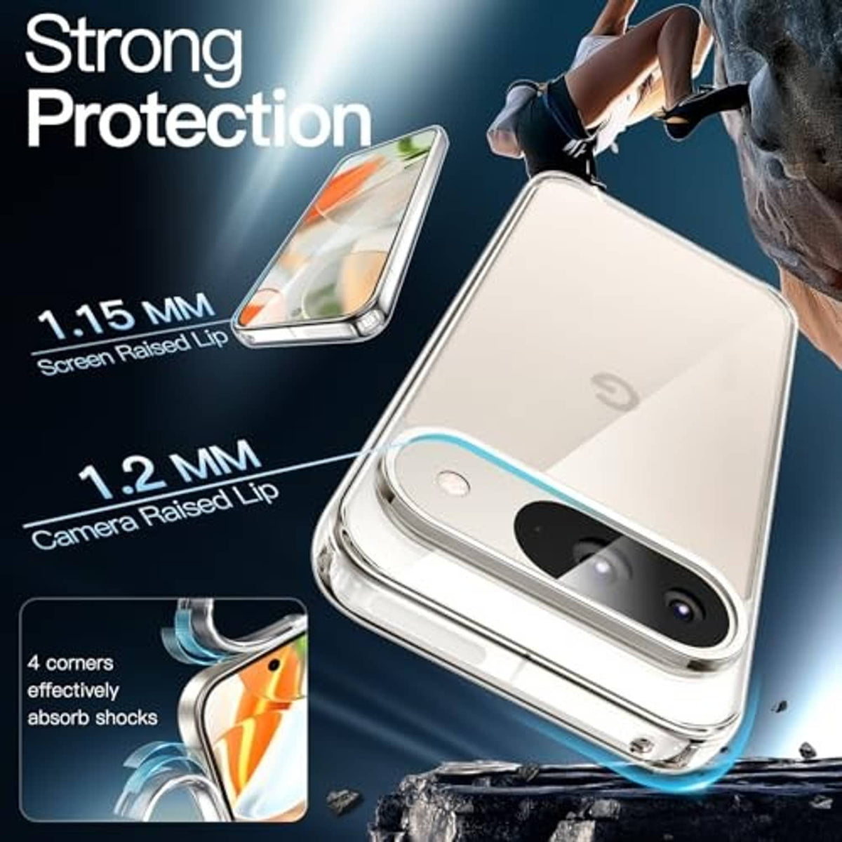 Transparent rugged phone case with raised screen and camera lips for Pixel 9/9 Pro