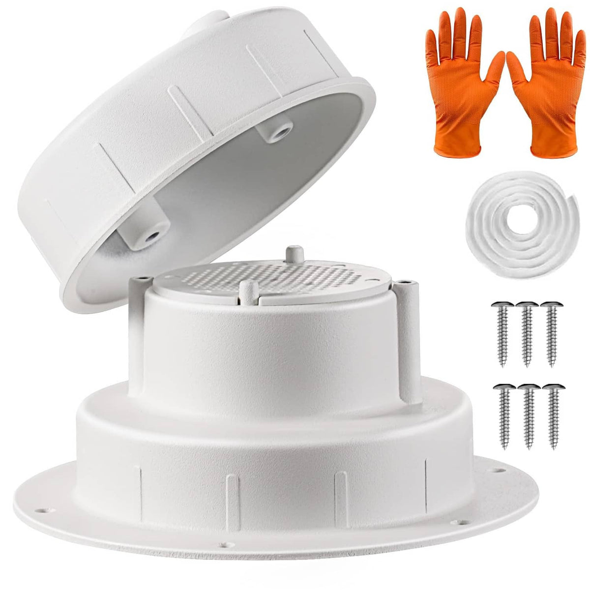 White RV plumbing vent cap kit with aluminum base, cap, screws, and tubing seal