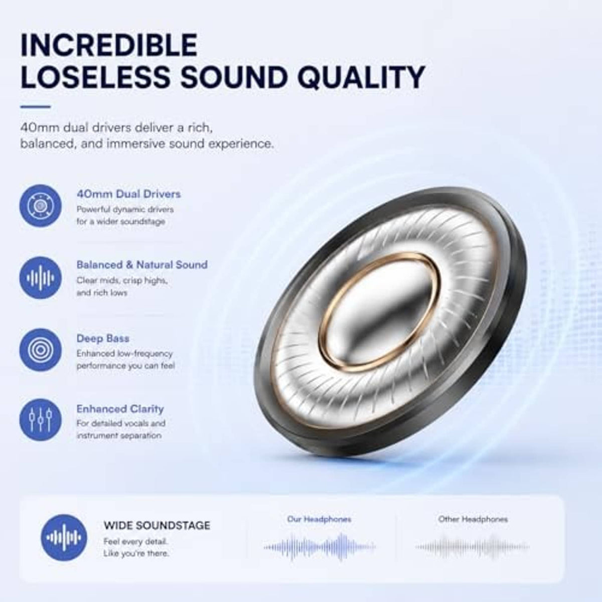 Close-up of silver-toned over-ear headphone driver area and surrounding ear cup