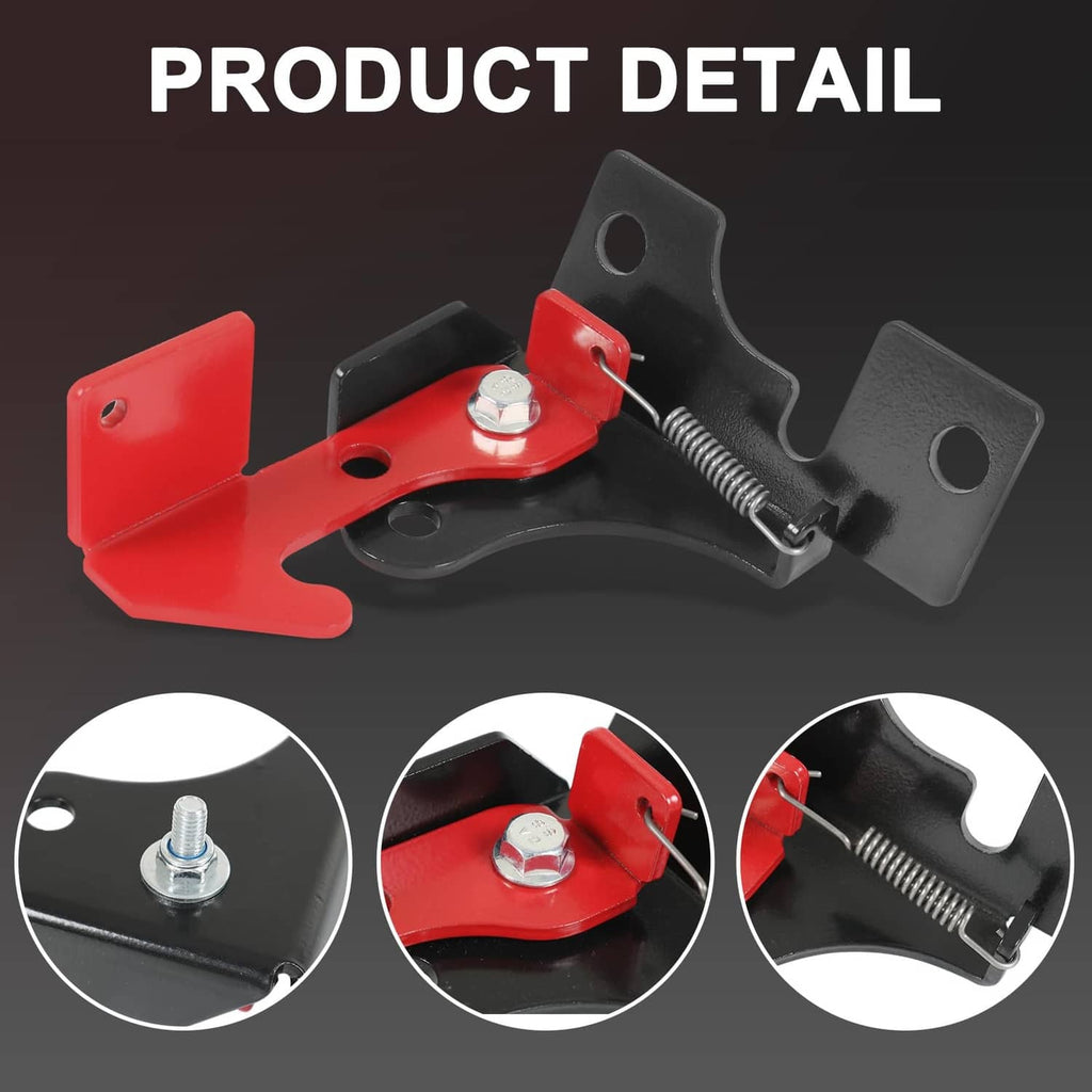 Parking brake spring kit detail: red bracket, black mount plate, coil spring and bolt