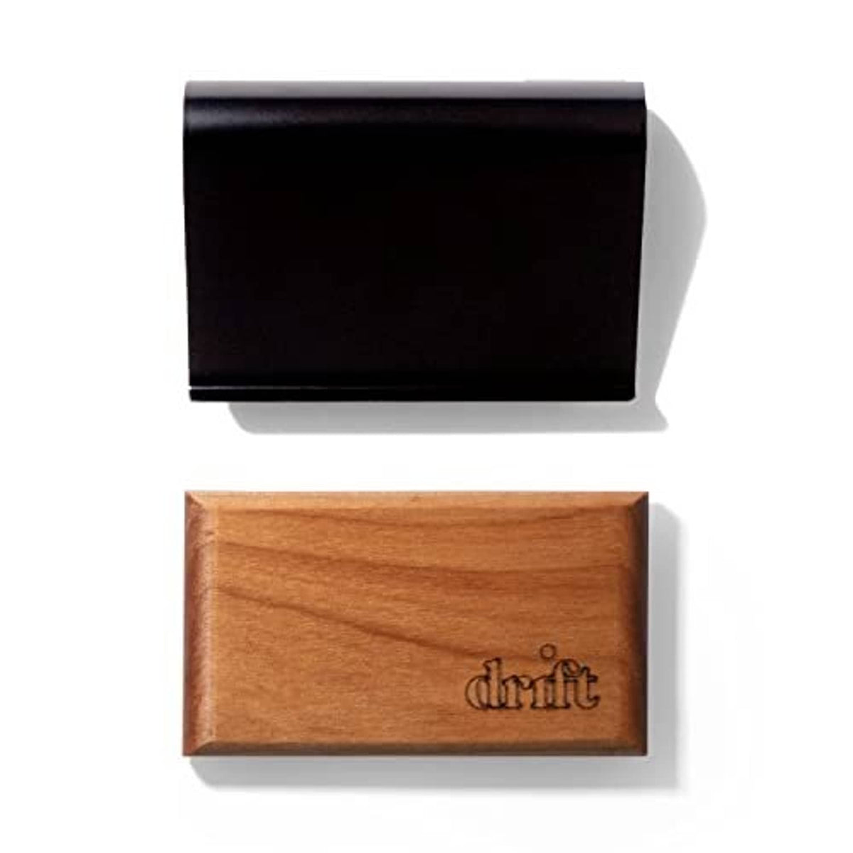 drift wood car air freshener block with black magnetic backing, logo on brown side
