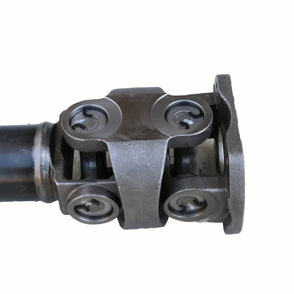 Front drive shaft yoke with dual U-joint bearing caps and circular end flange