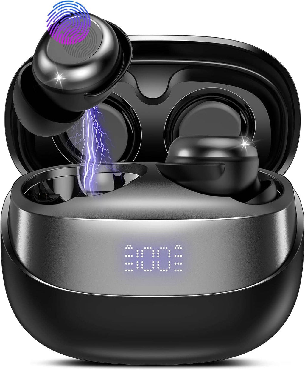 Black wireless sleep earbuds in open charging case, earbuds angled upward