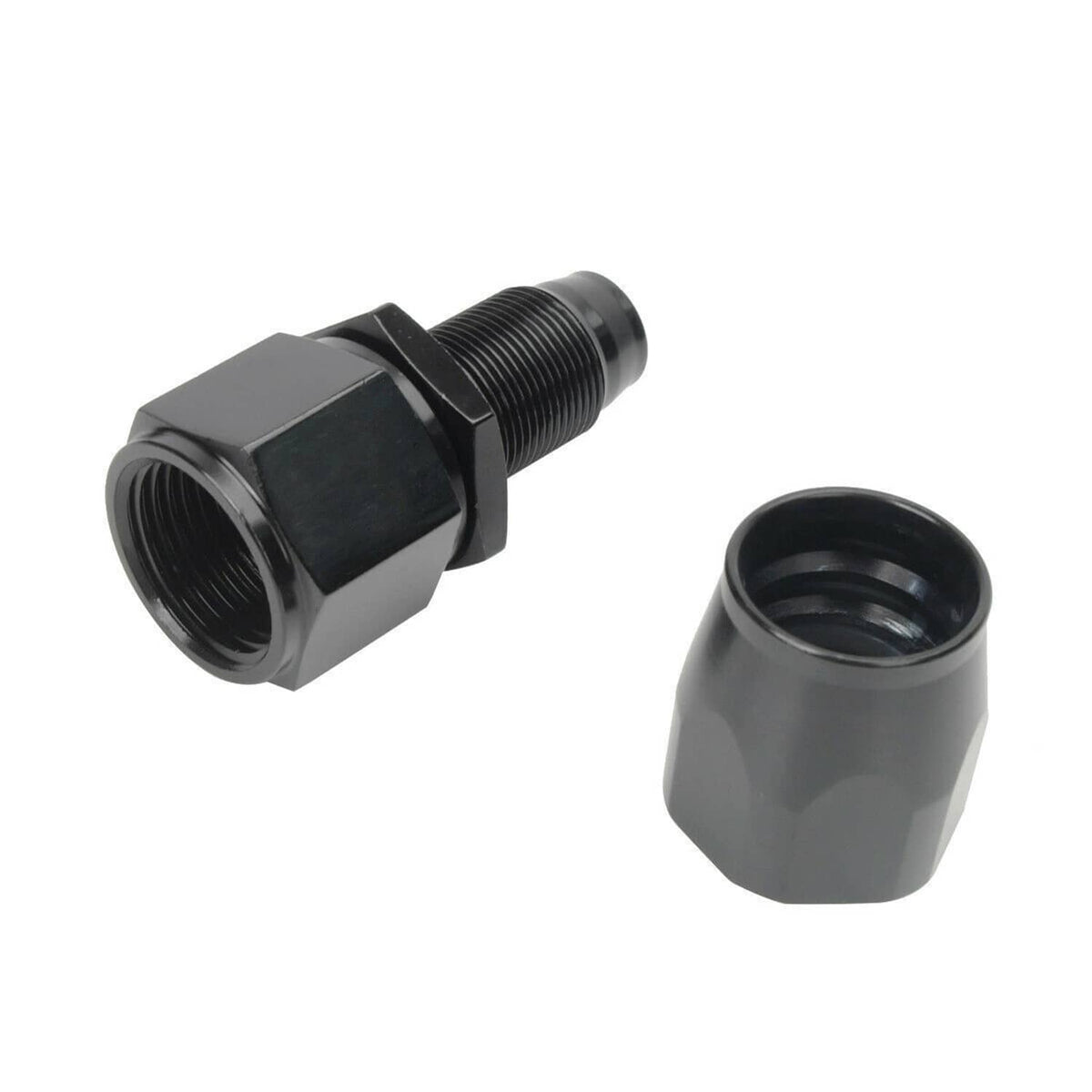 Black AN oil line fitting with hex body and threaded inlet plus cap