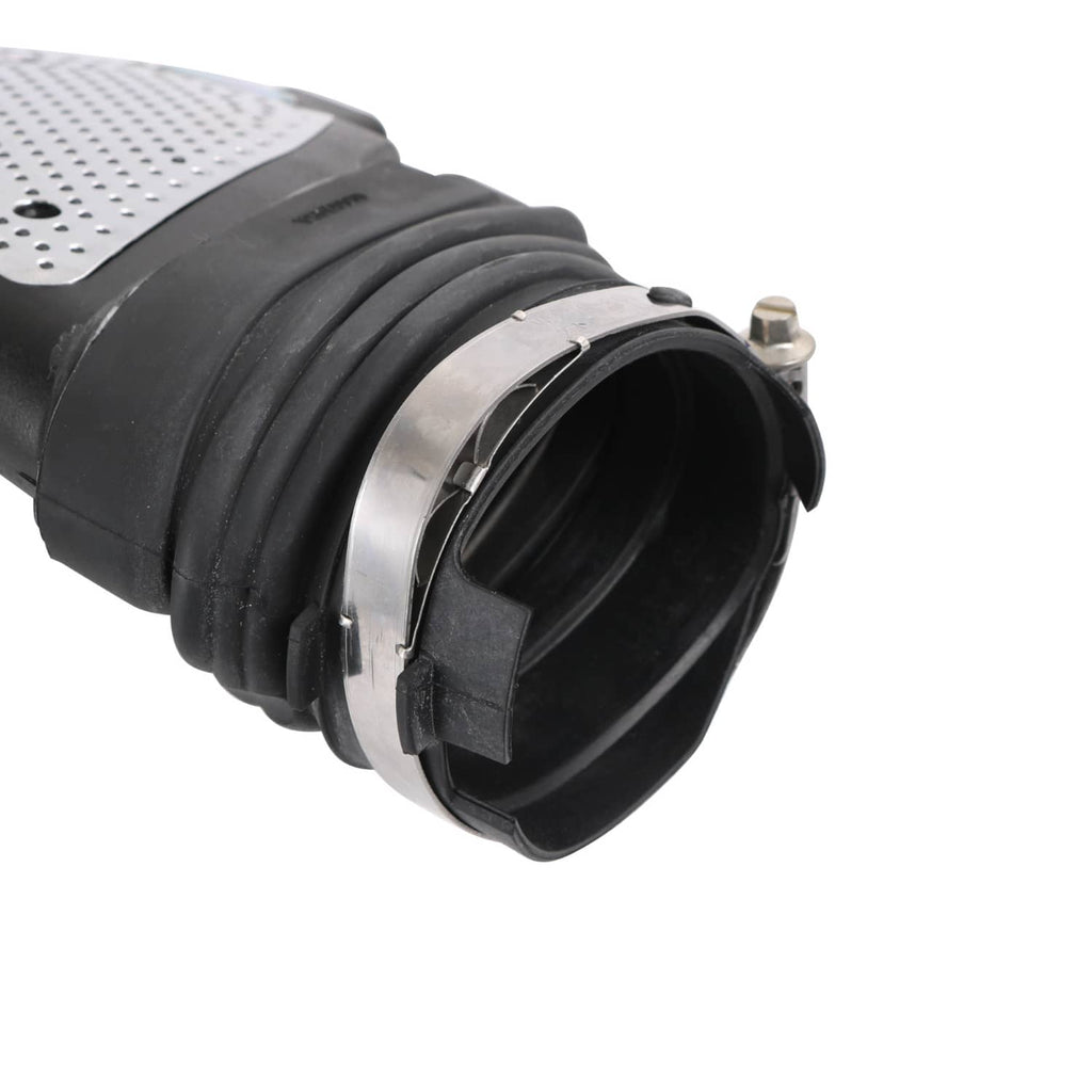 Air intake duct close-up: black corrugated hose with metal clamp and ribbed coupler