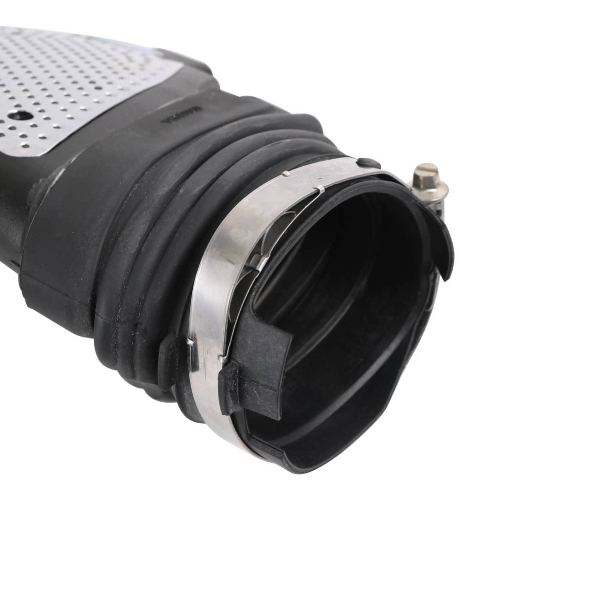 Air intake duct close-up: black corrugated hose with metal clamp and ribbed coupler
