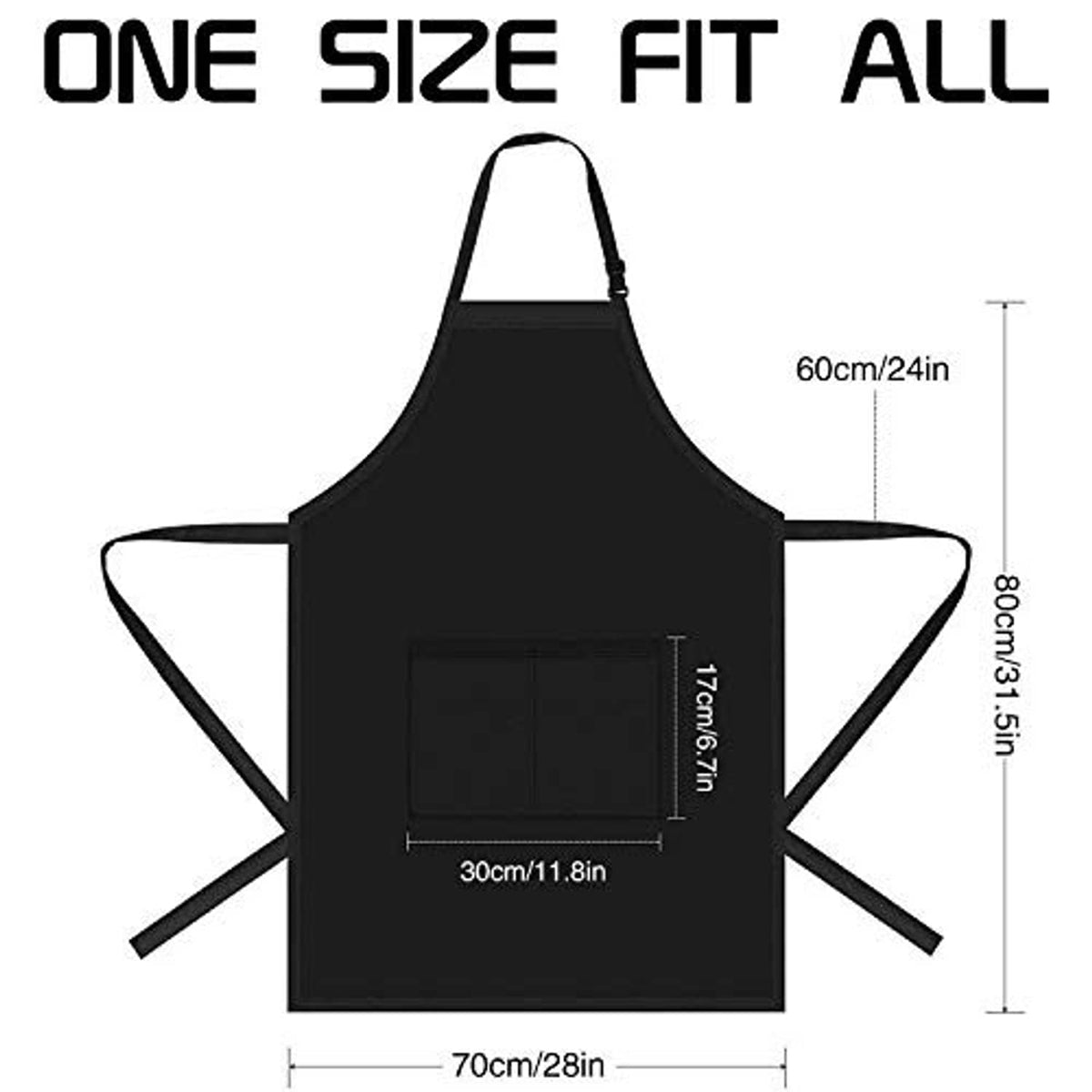 Apron size chart for black bib apron, neck strap and waist width measurements.