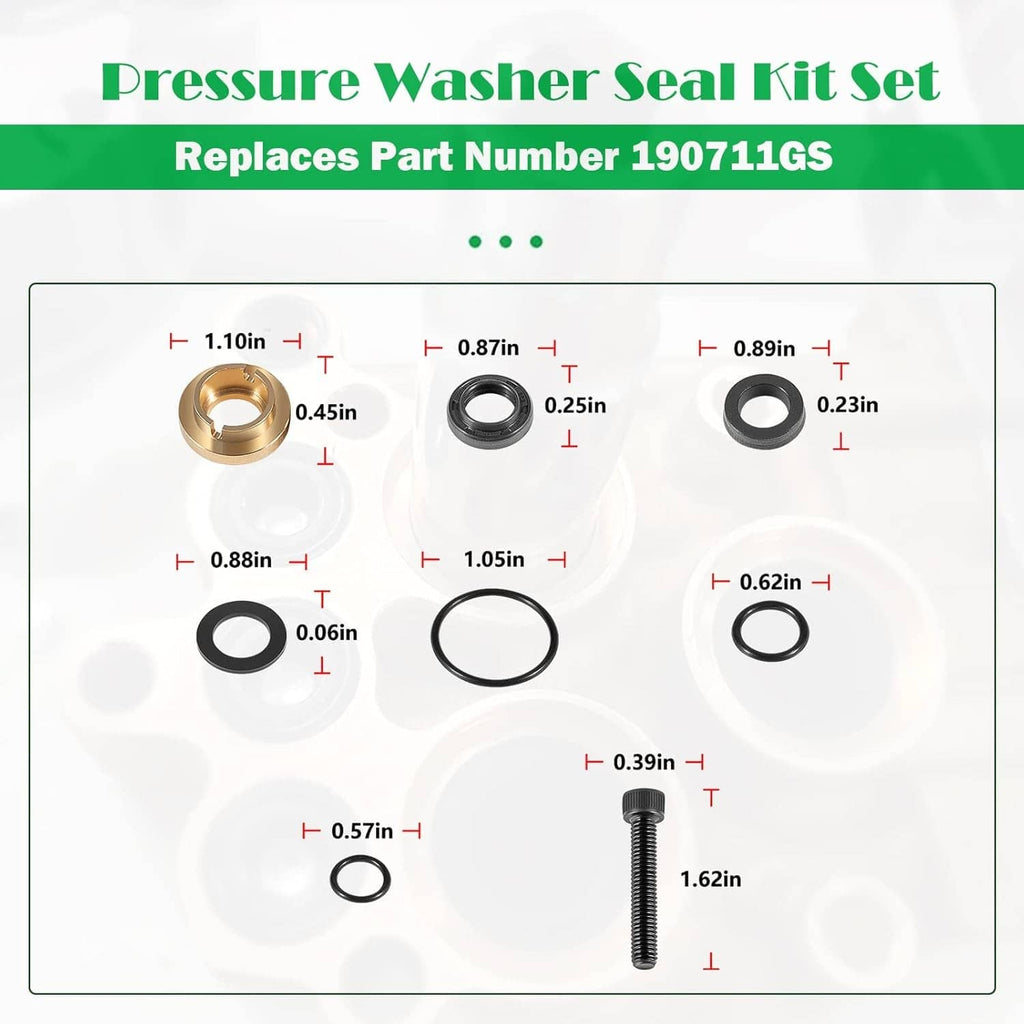 Seal kit set size chart with O-rings, seals, and a mounting screw