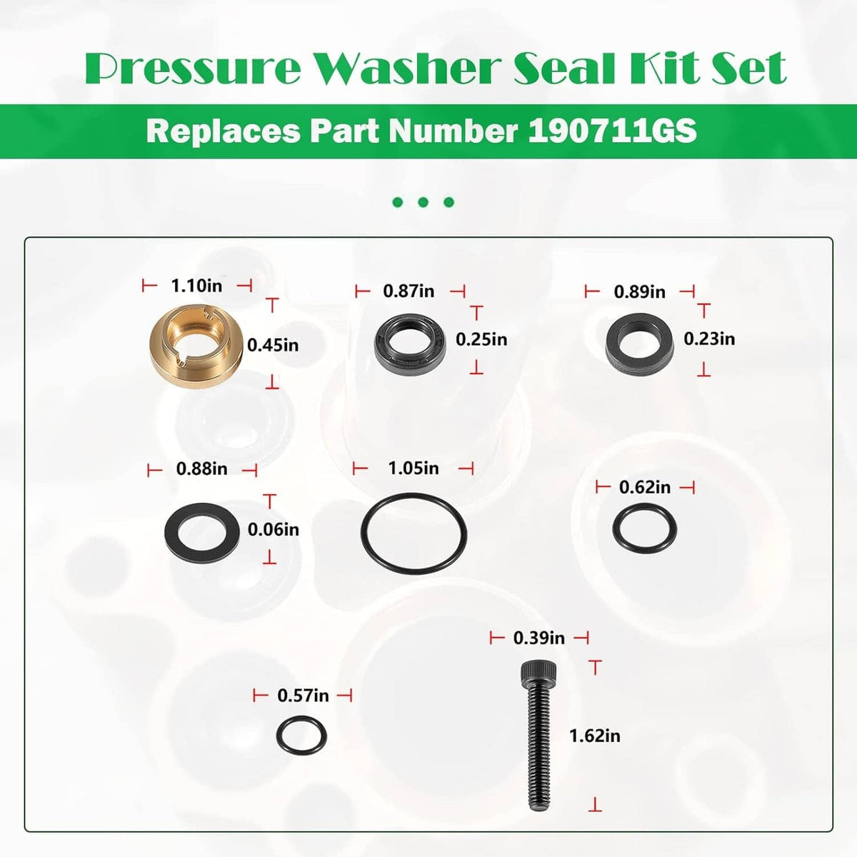 Seal kit set size chart with O-rings, seals, and a mounting screw