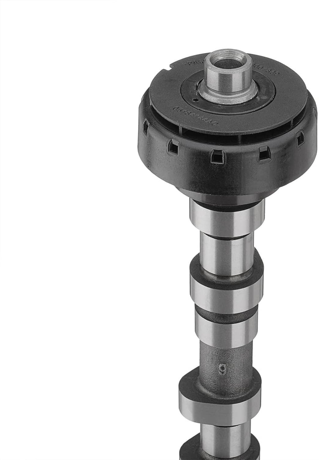Right-side exhaust camshaft close-up with black cap, metal shaft, and mounting hub