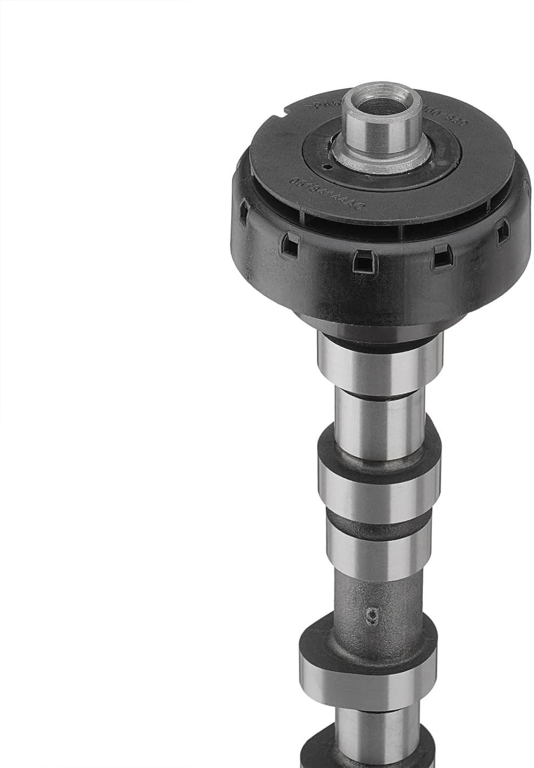 Right-side exhaust camshaft close-up with black cap, metal shaft, and mounting hub