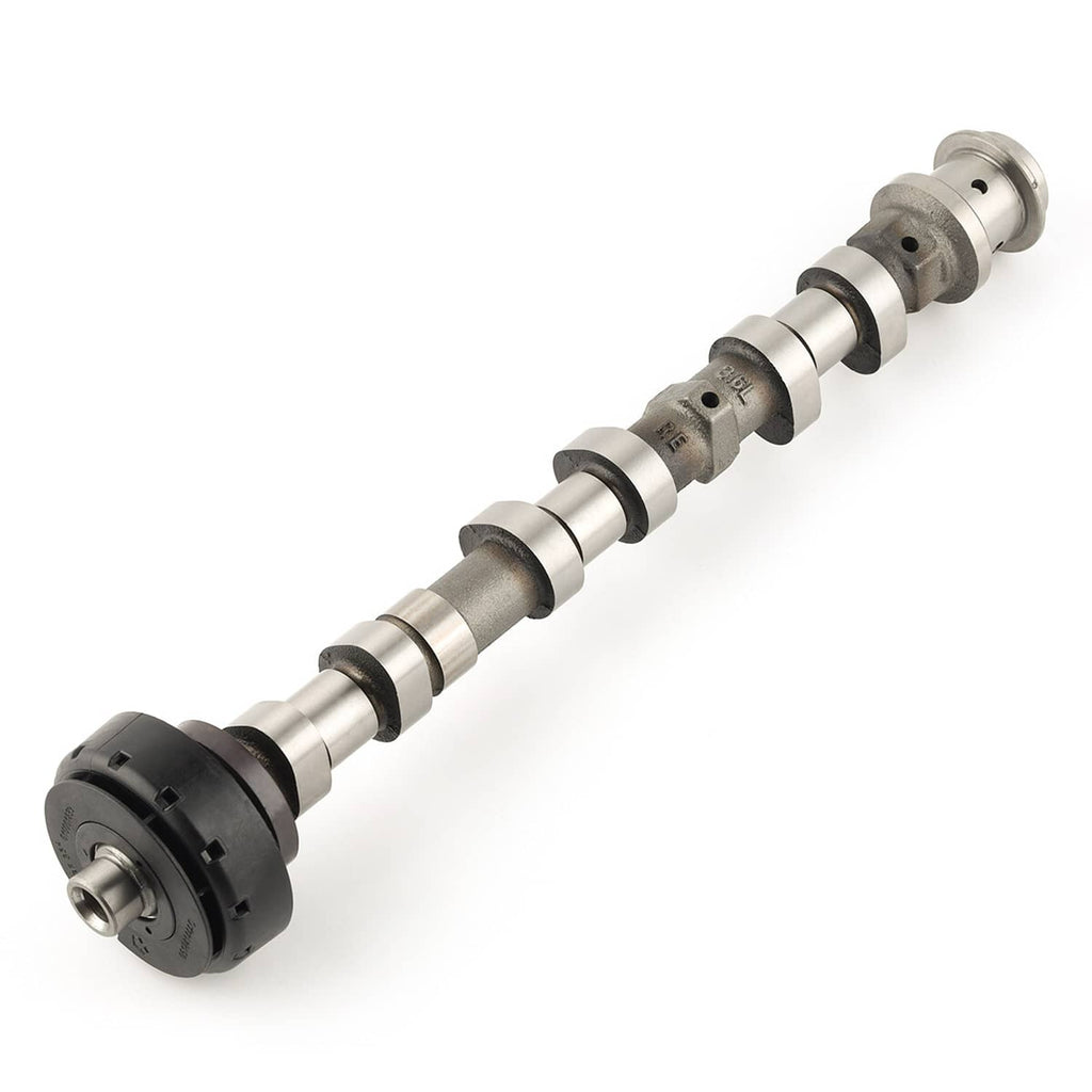 Right side exhaust camshaft angled view, black hub end and silver cylindrical sections