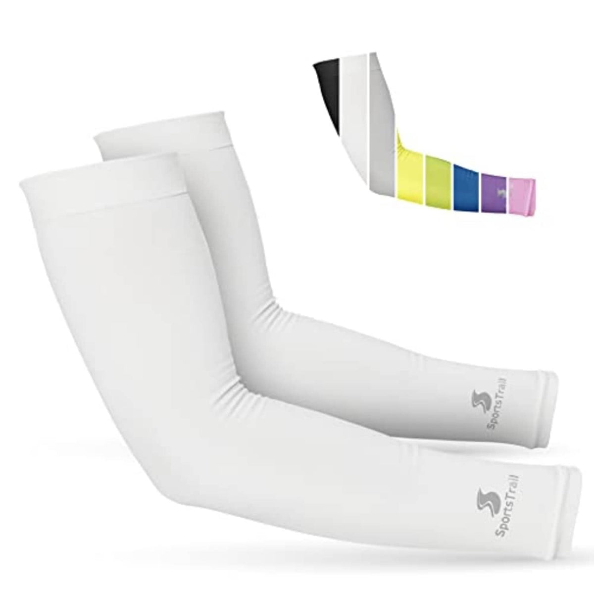 White cooling arm sleeves, one-size pair, UPF coverage sleeves with thumb openings