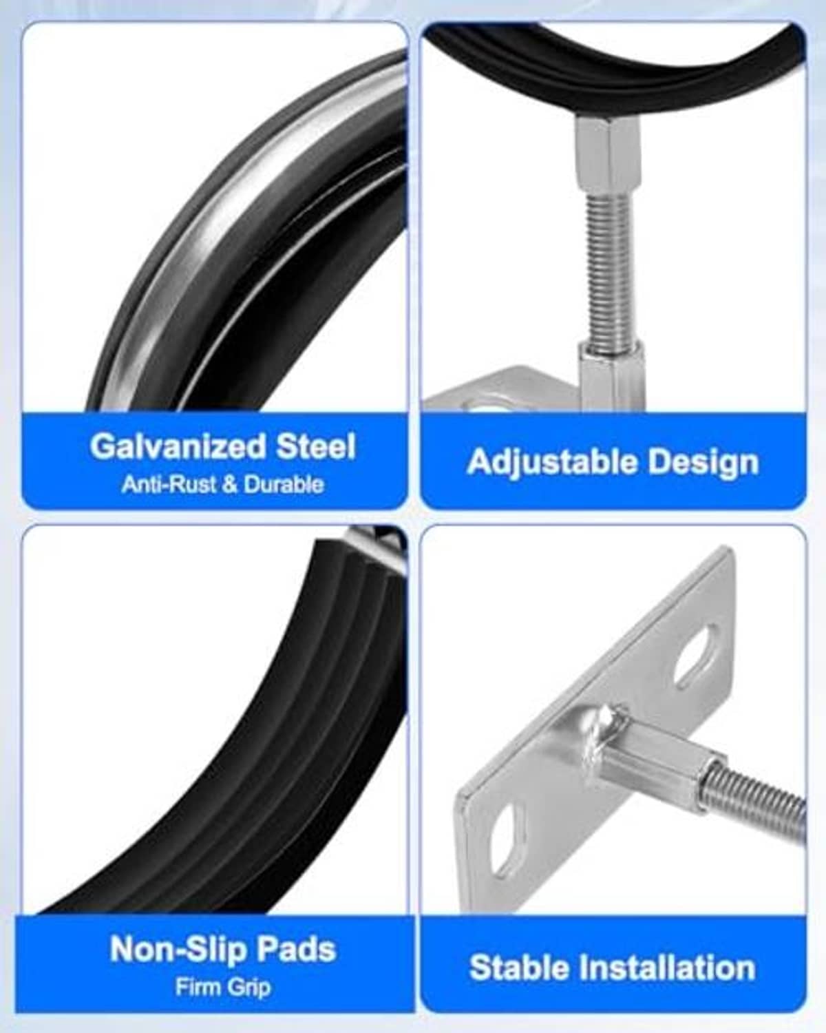 Adjustable pipe bracket with black anti-slip pad and galvanized metal mounting hardware
