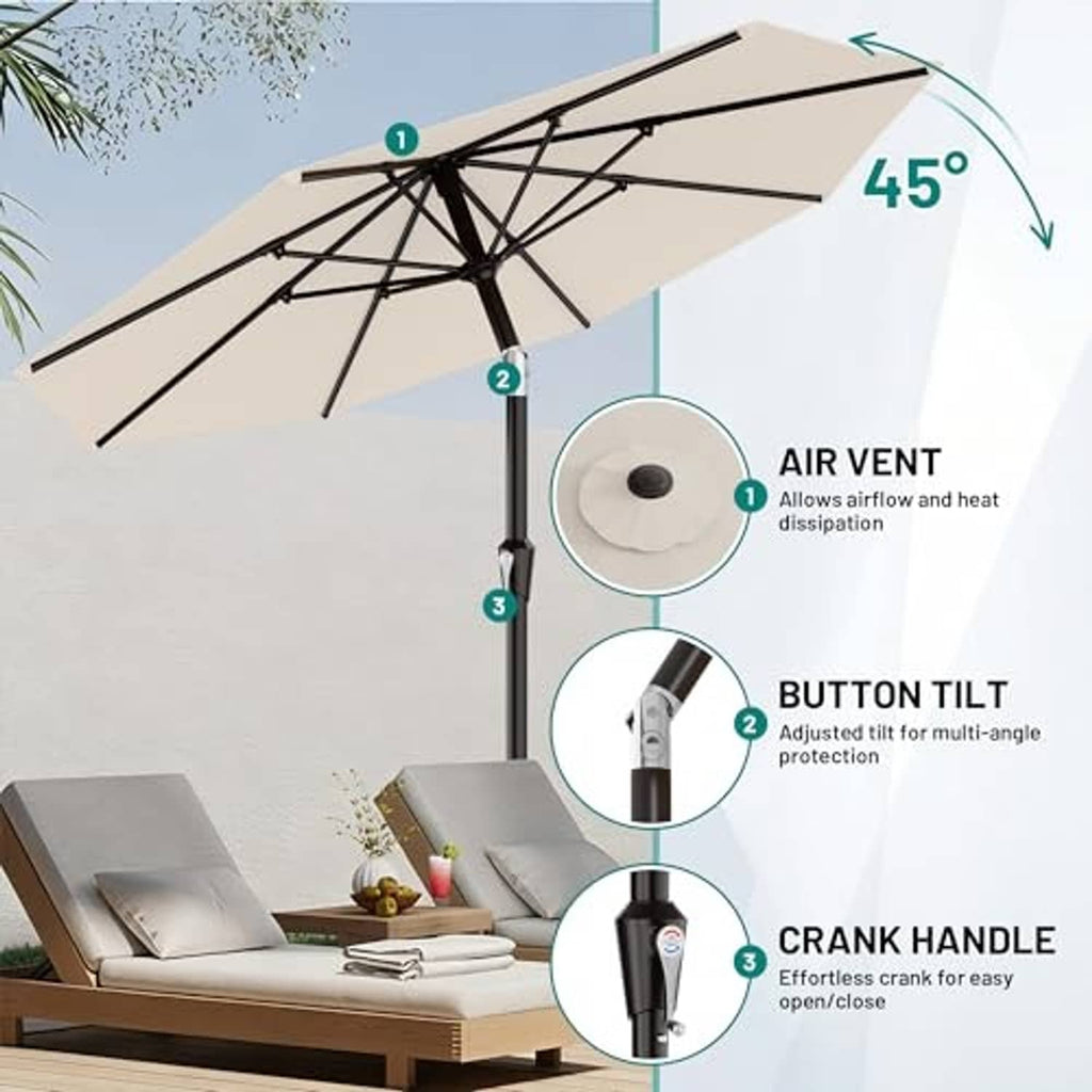 Cream-white patio umbrella with black pole, crank handle, and air vent