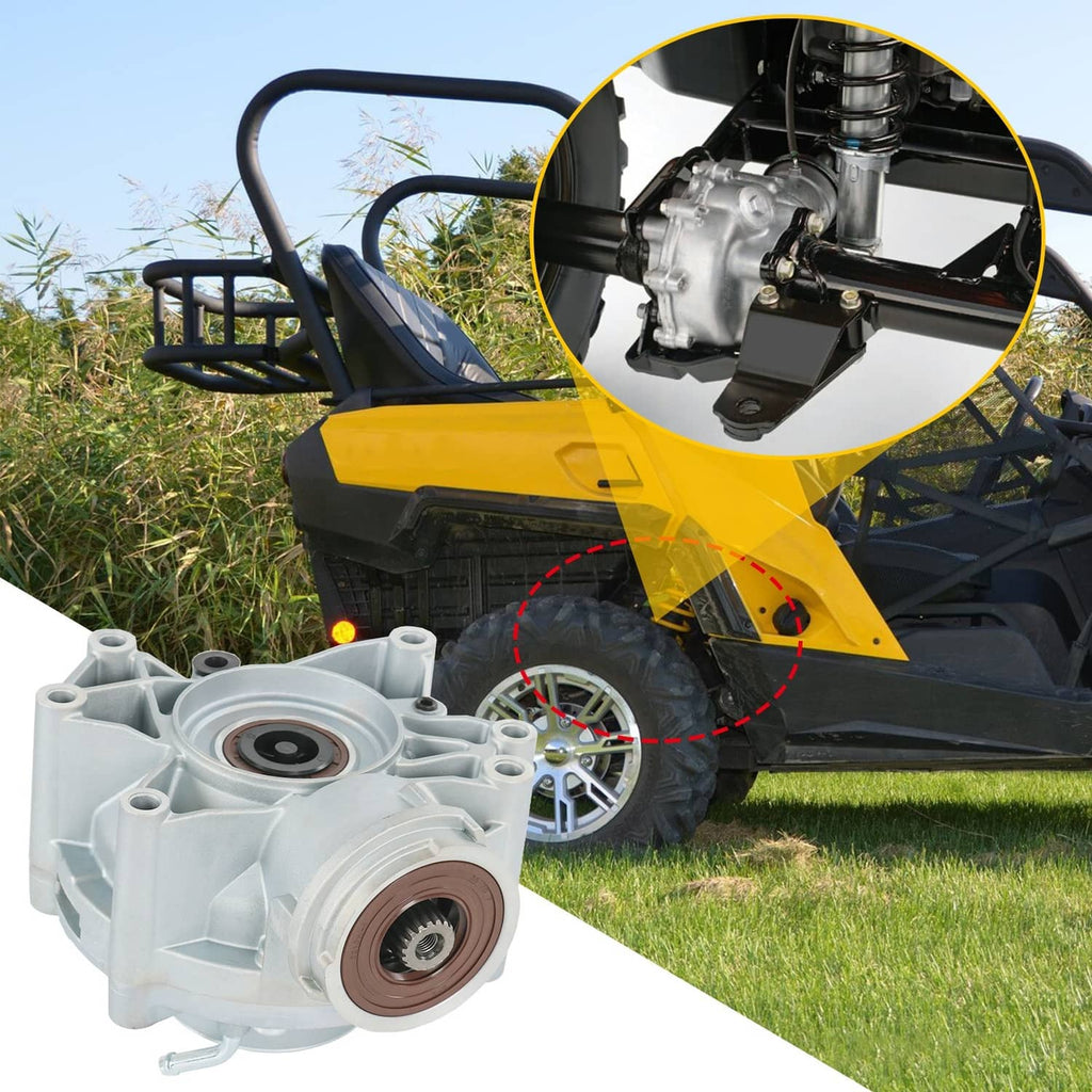 Rear differential component shown beside a yellow ATV, angled installation view
