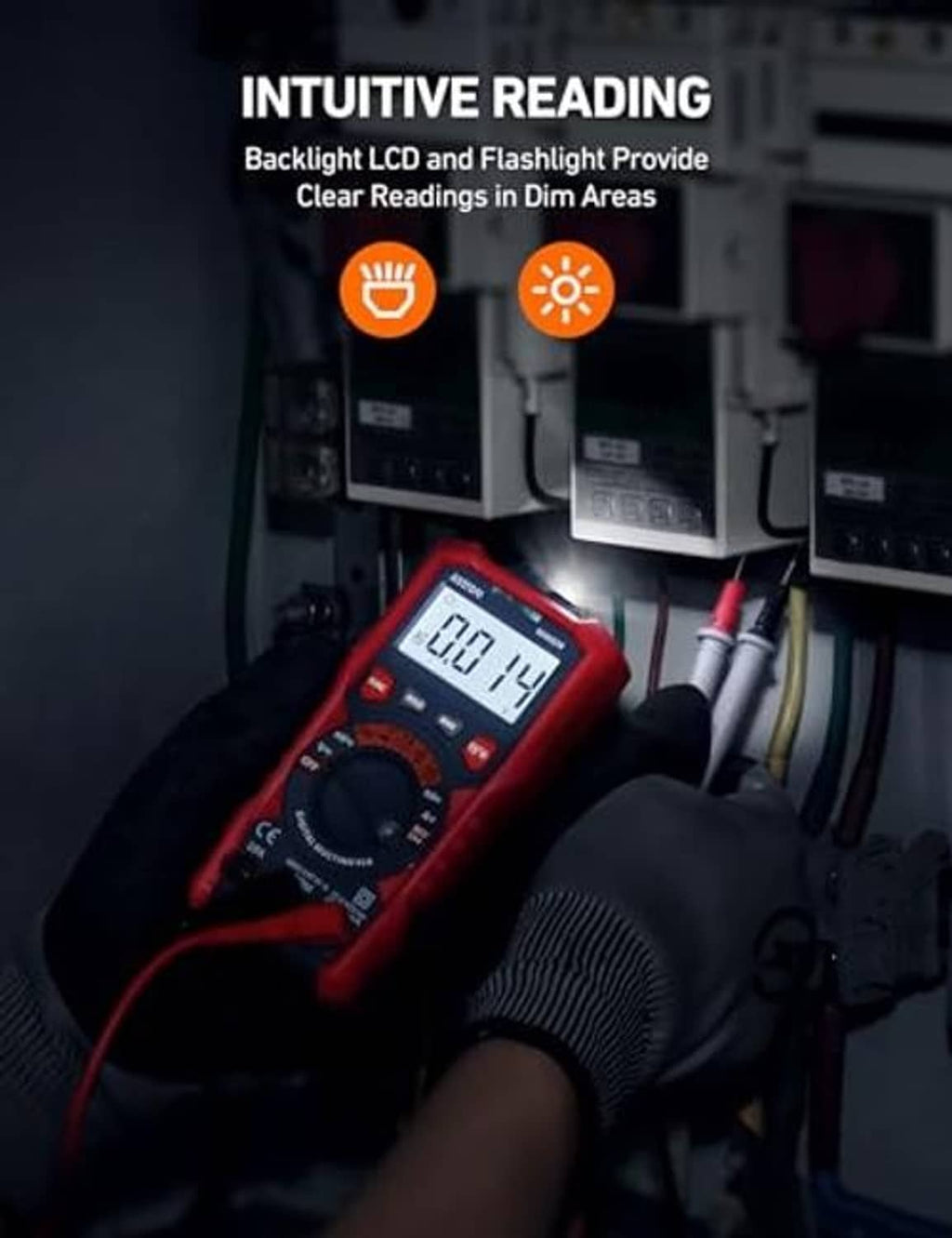 Red digital TRMS multimeter with backlit LCD in an electrical panel