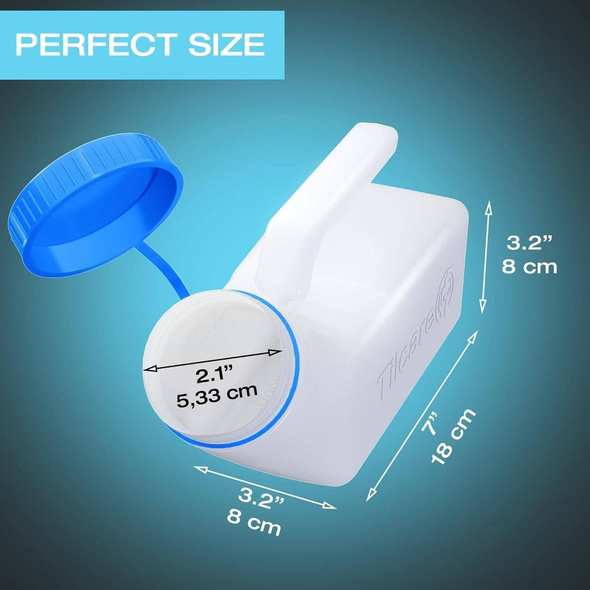 Men's plastic urinal with blue lid; labeled dimensions for compact size