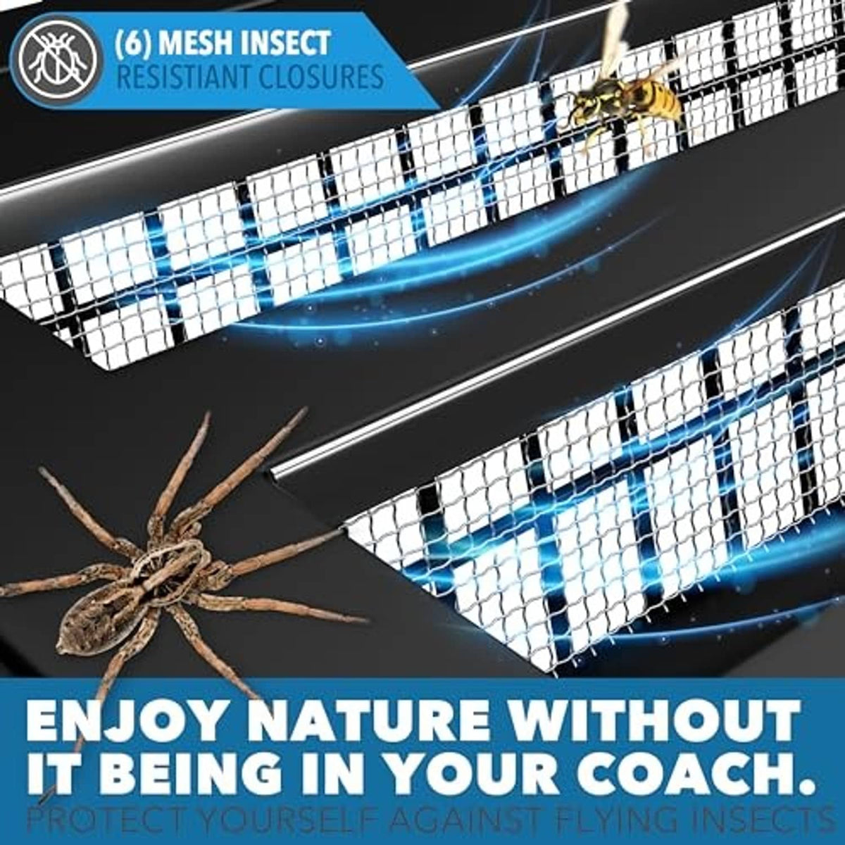 Black vent cover with wire mesh insect screen and slotted airflow openings