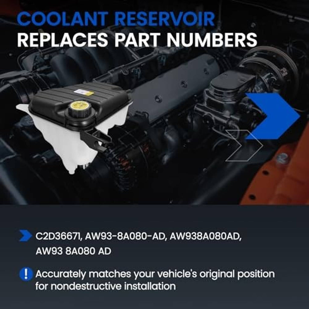 Coolant reservoir tank with cap mounted in engine compartment, side support bracket