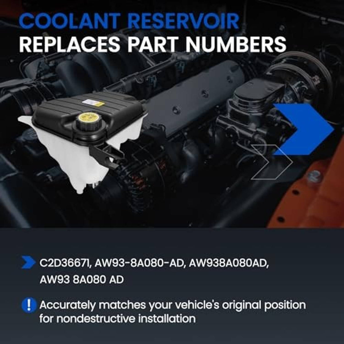 Coolant reservoir tank with cap mounted in engine compartment, side support bracket